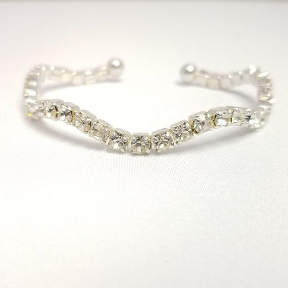 Vintage Wavy Rhinestone Bangle Bracelet, Silver Tone Cuff, Estate - Picture 2 of 7